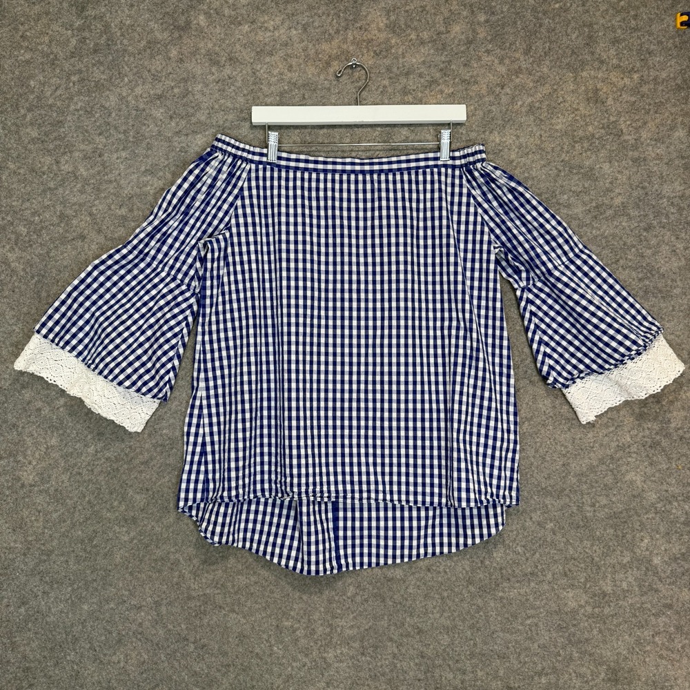 Neiman Marcus Off Shoulder Gingham Plaid Top Womens XL Blue White Lace Blouse
